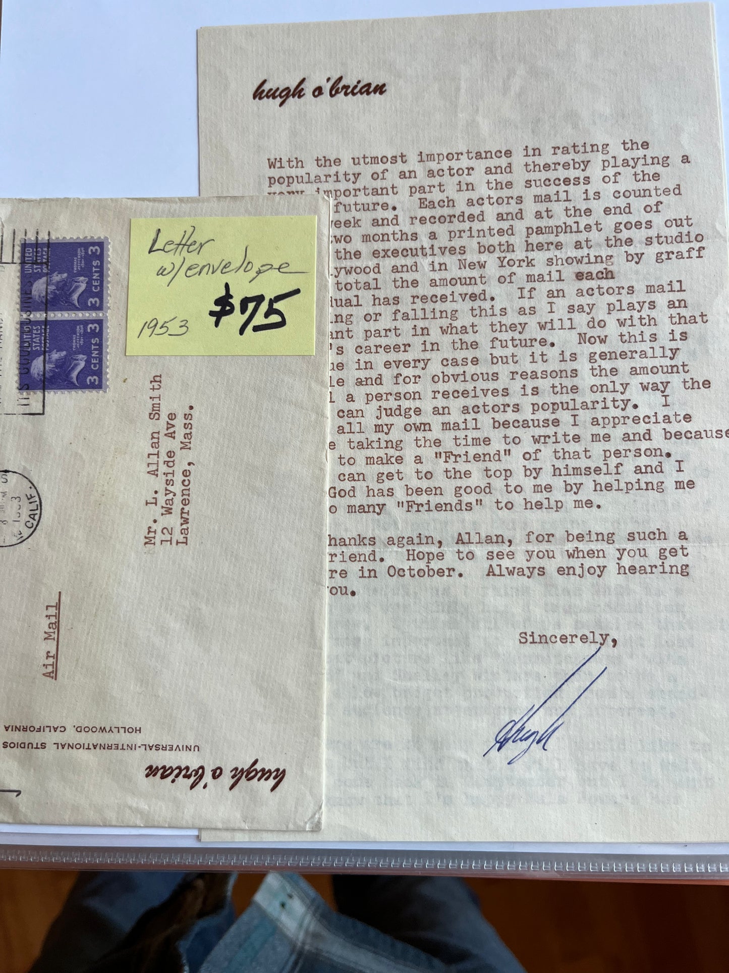 HUGH O'BRIAN, actor, signed letter and envelope, autograph