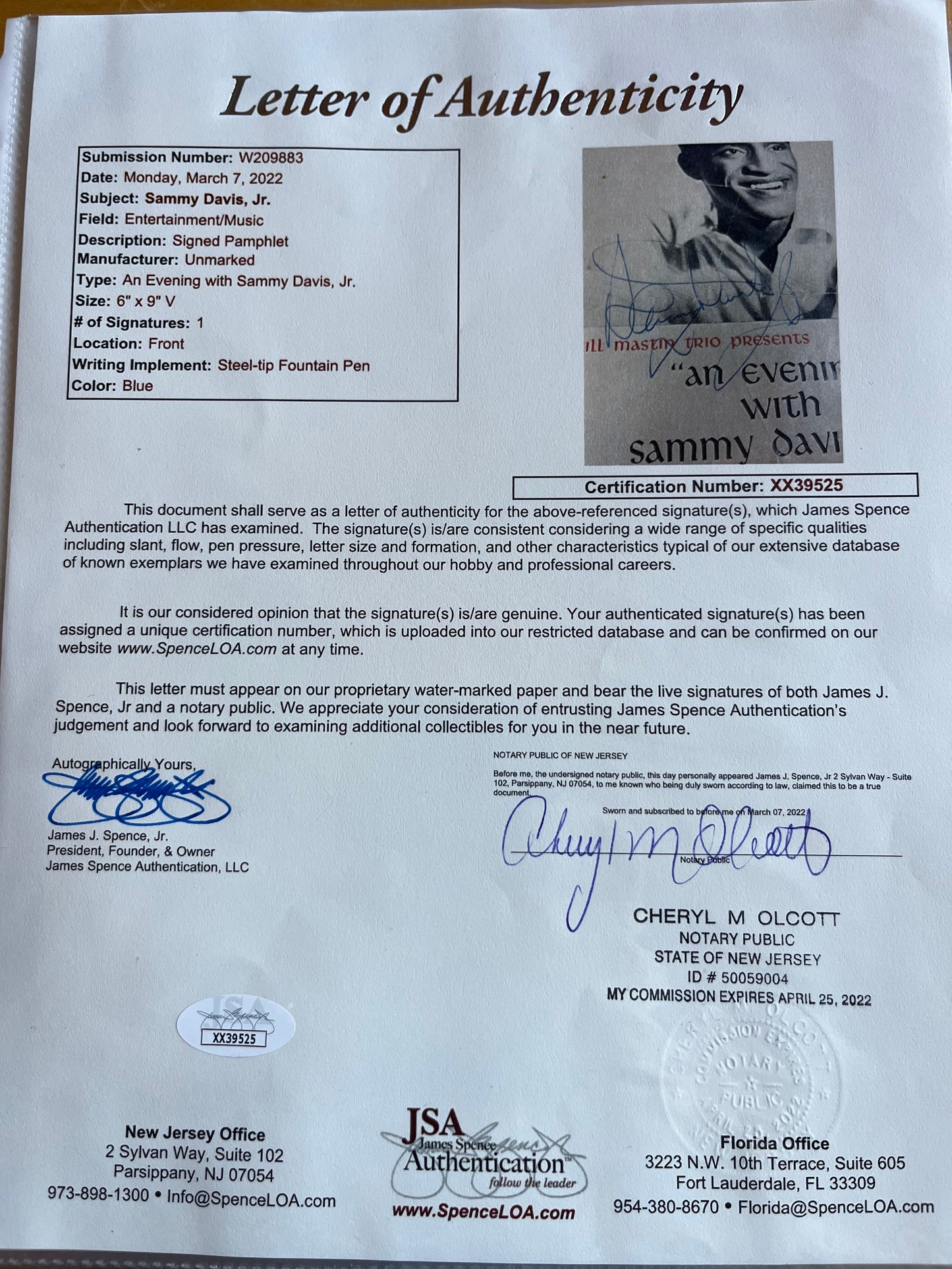 SAMMY DAVIS, JR., signed pamphlet with Letter of Authenticity, autograph