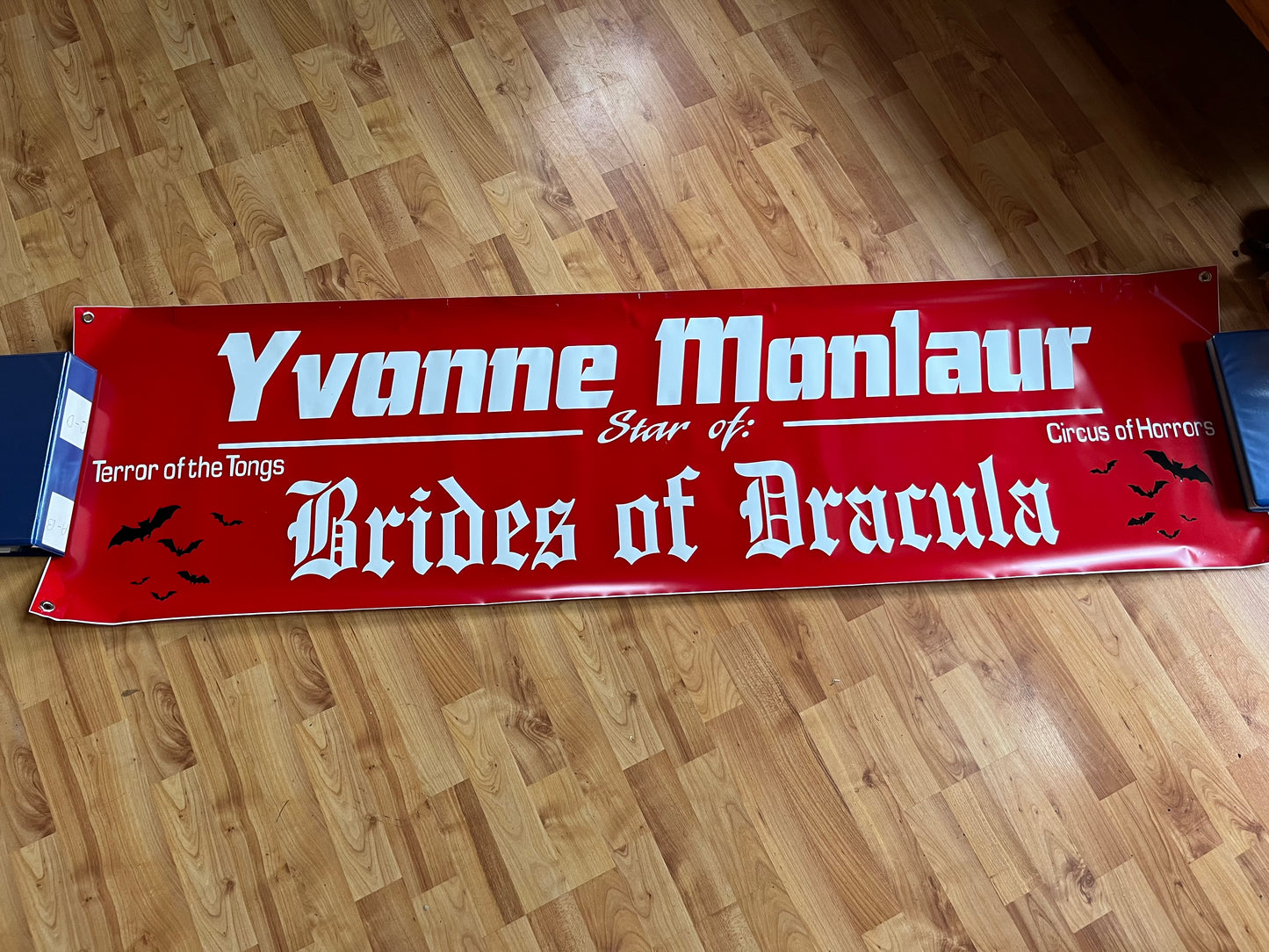YVONNE MONLAUR, actress table banner from her convention appearances