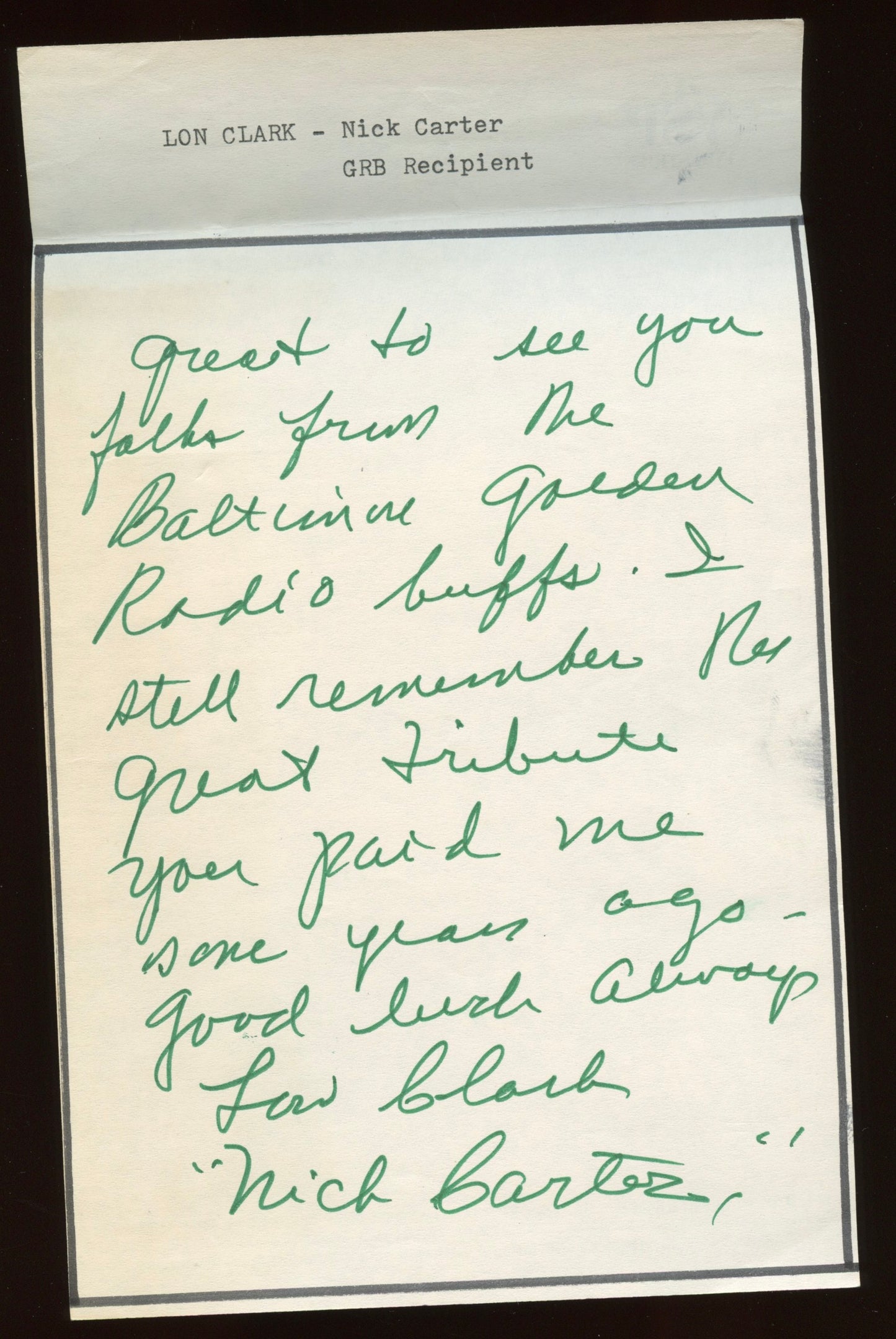 LON CLARK, radio's Nick Carter (Autograph)