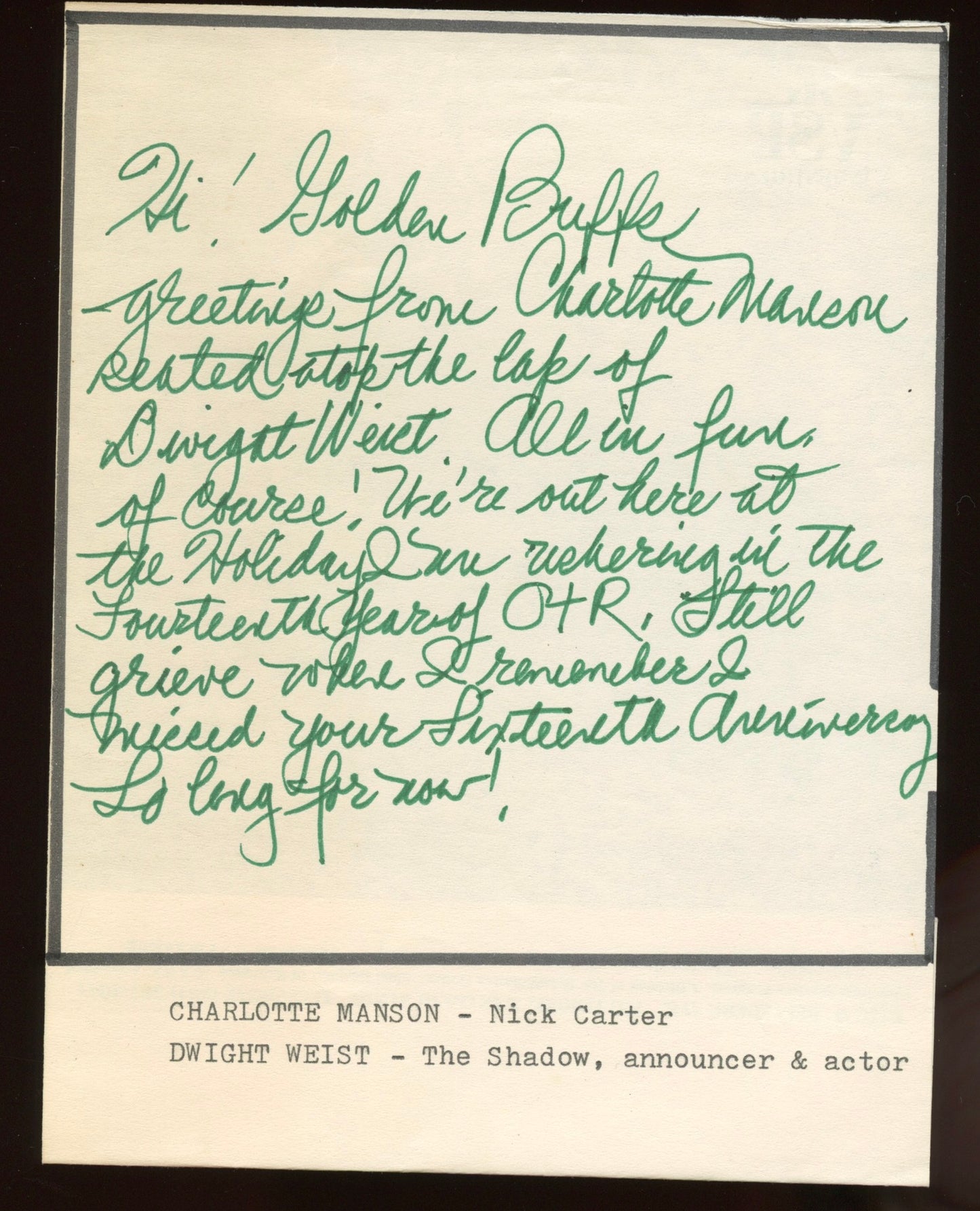 CHARLOTTE MANSON from radio's NICK CARTER (autograph)