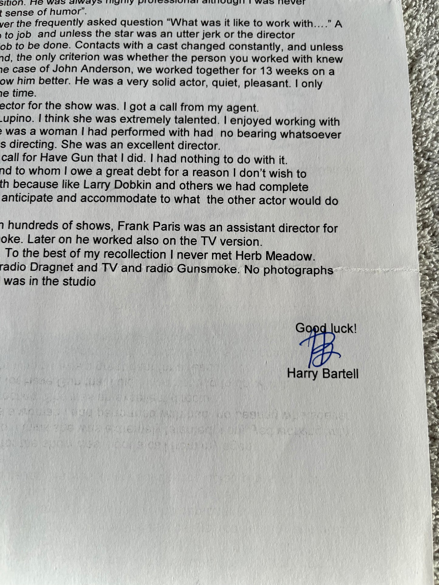 Harry Bartell from GUNSMOKE and GET SMART (autograph)