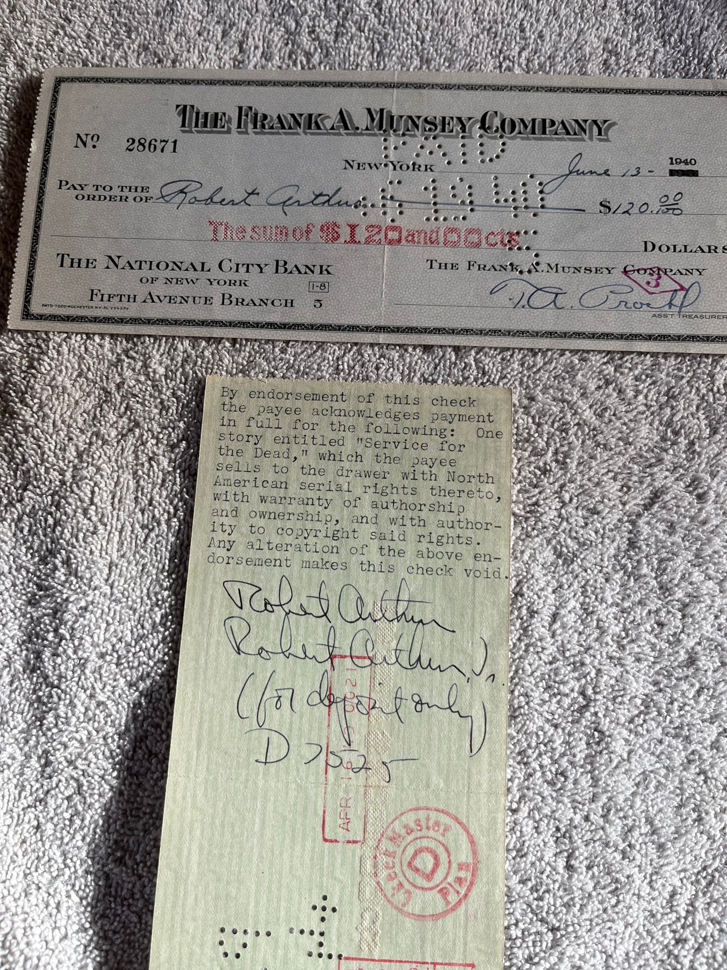 ROBERT ARTHUR of THE MYSTERIOUS TRAVELER (autographed checks)