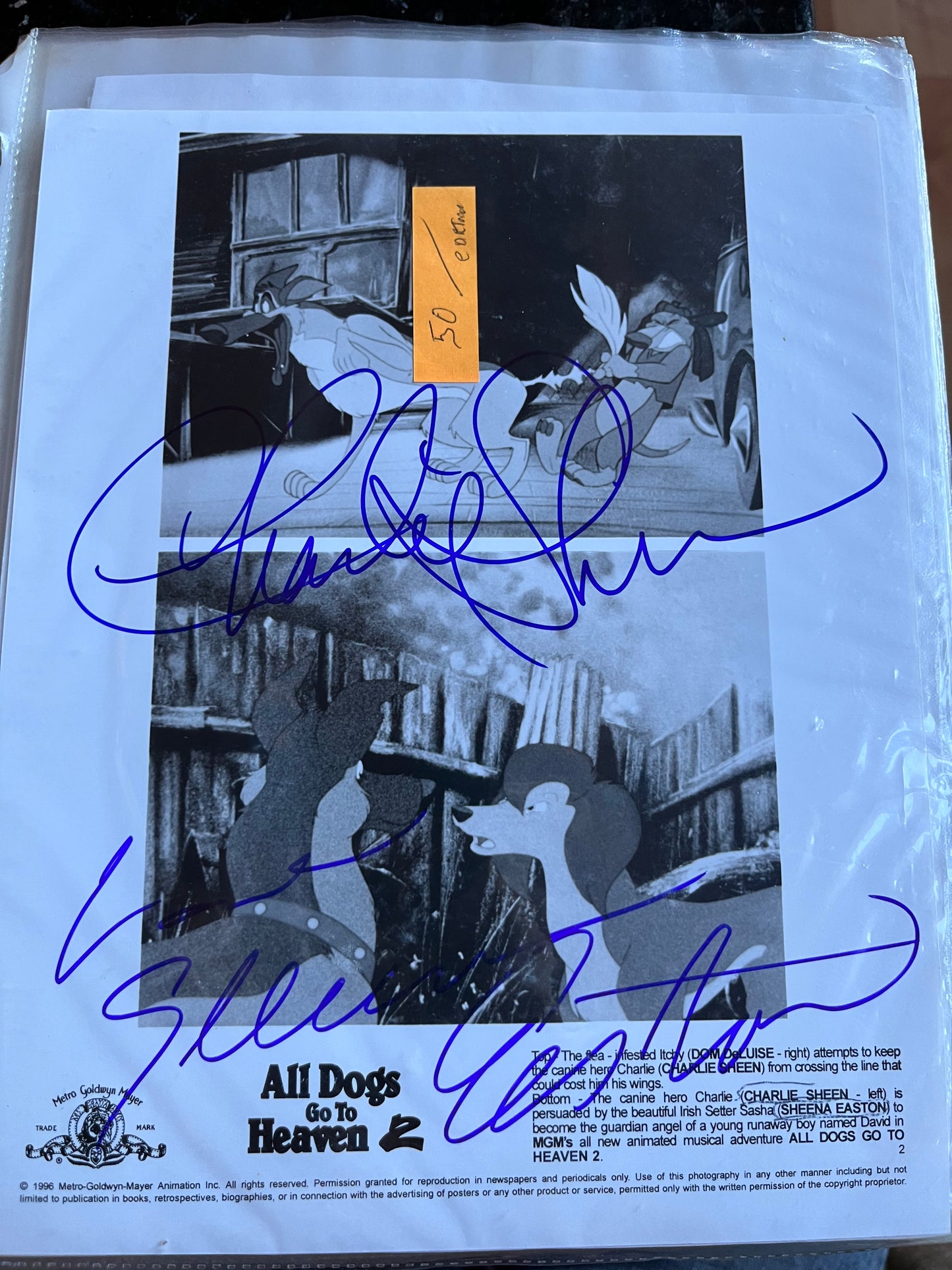 Sheena Easton, Charlie Sheen, ALL DOGS GO TO HEAVEN, autographs