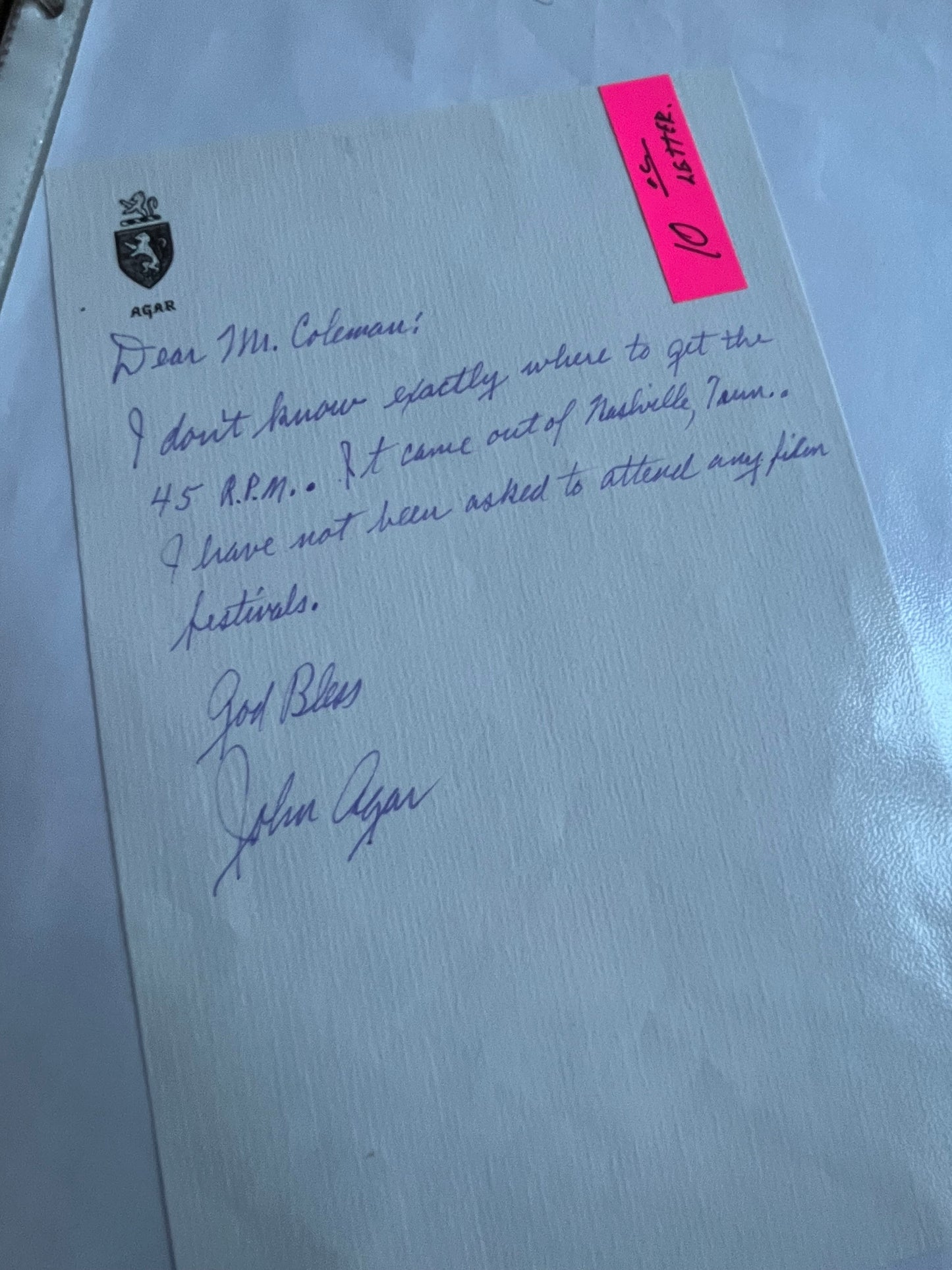 JOHN AGAR, actor, autograph