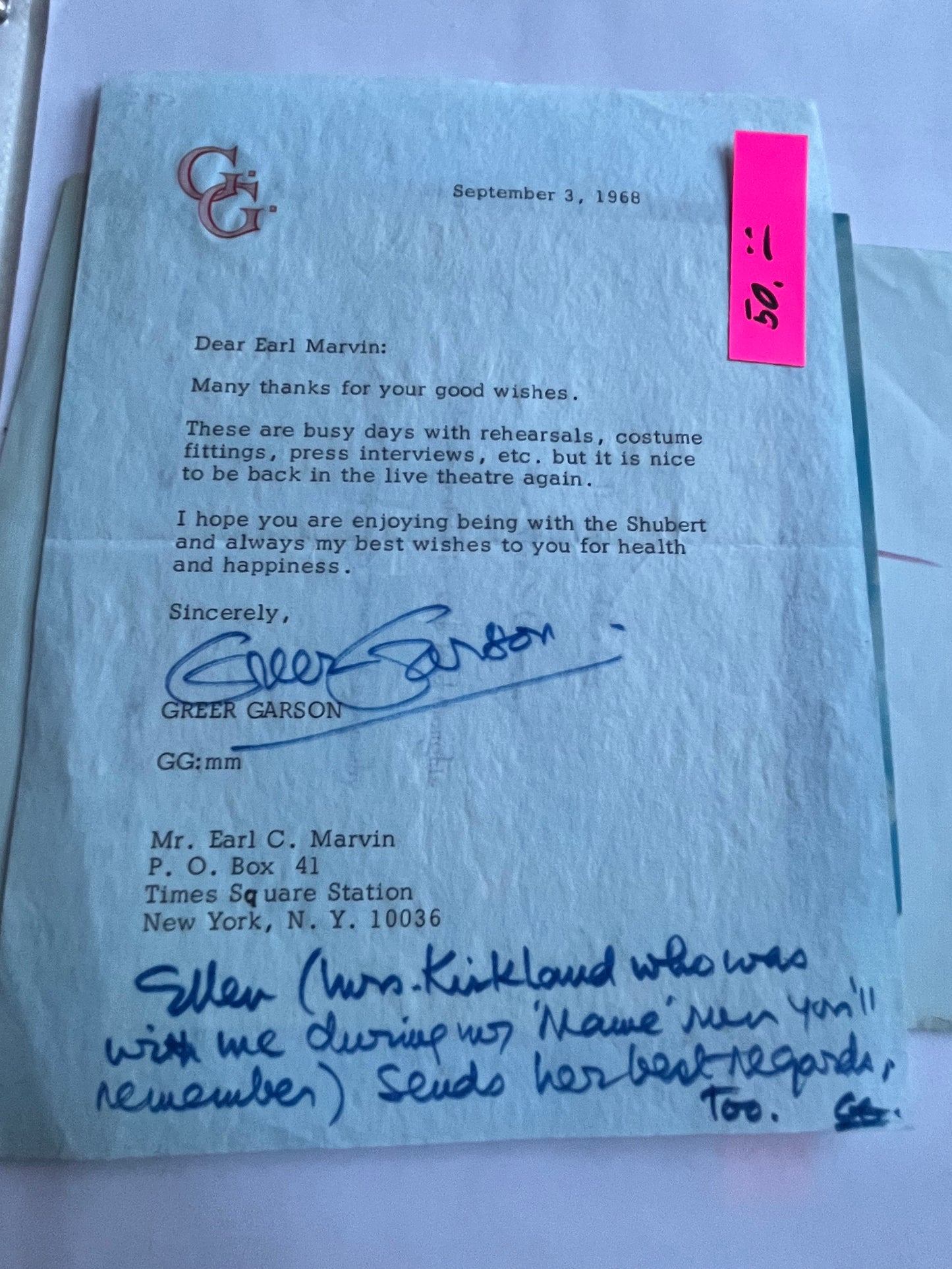 GREER GARSON, actress, signed letter, autograph