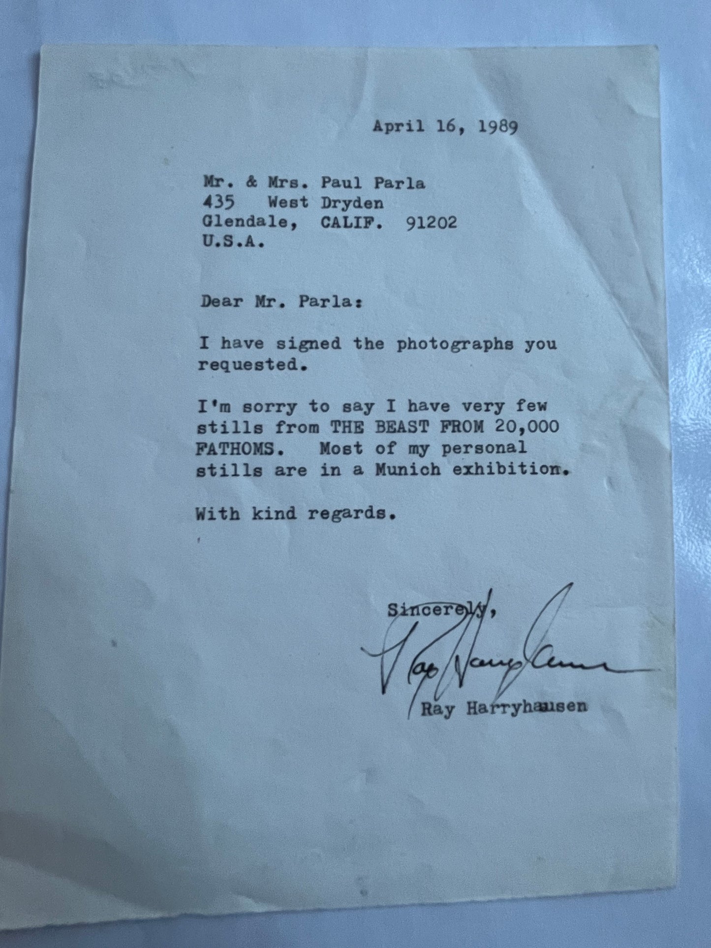 RAY HARRYHAUSEN, special effects artist, autograph