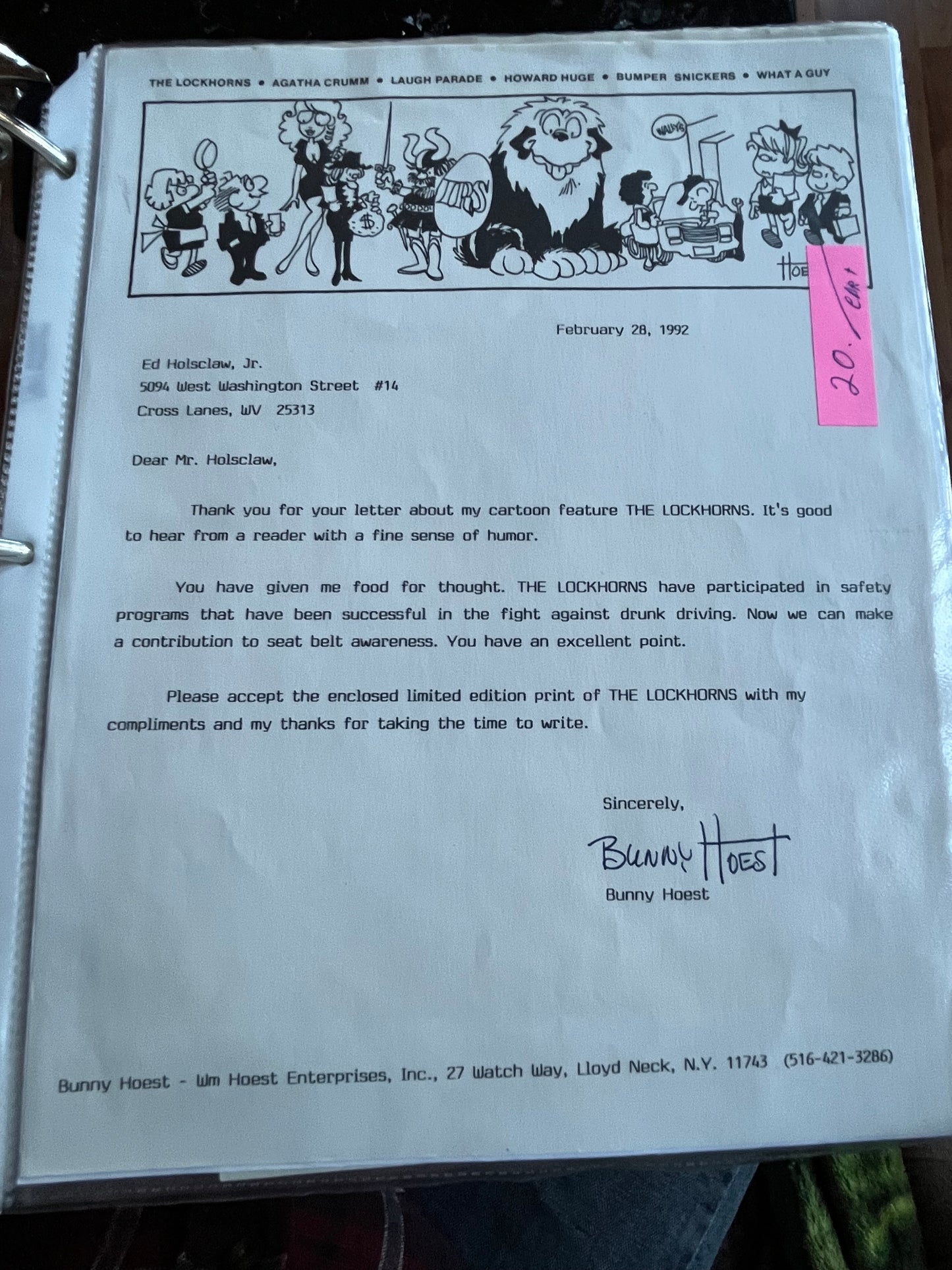 Bunny Hoest, artist of THE LOCKHORNS, autograph