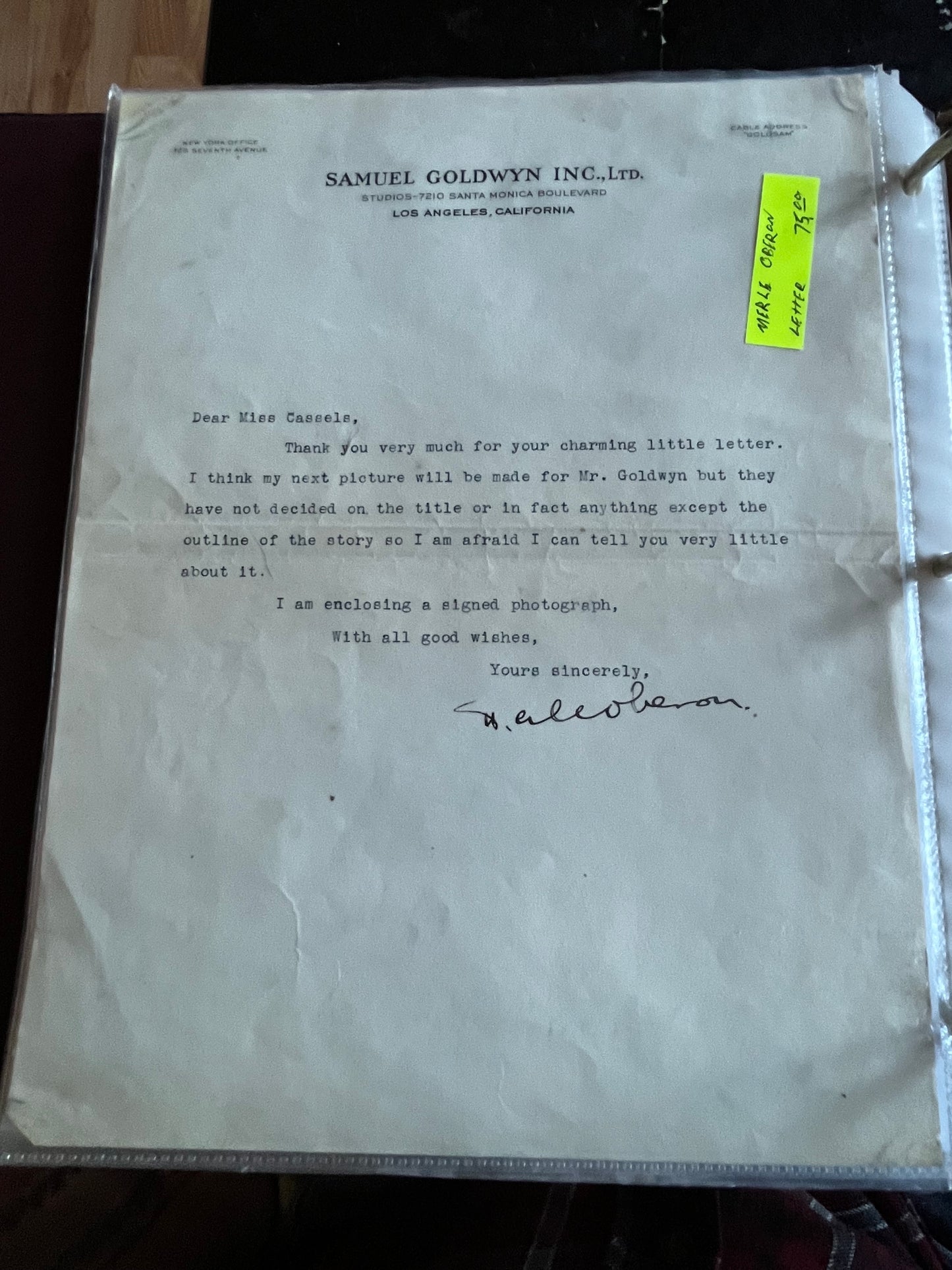 MERLE OBERON, actress, autograph