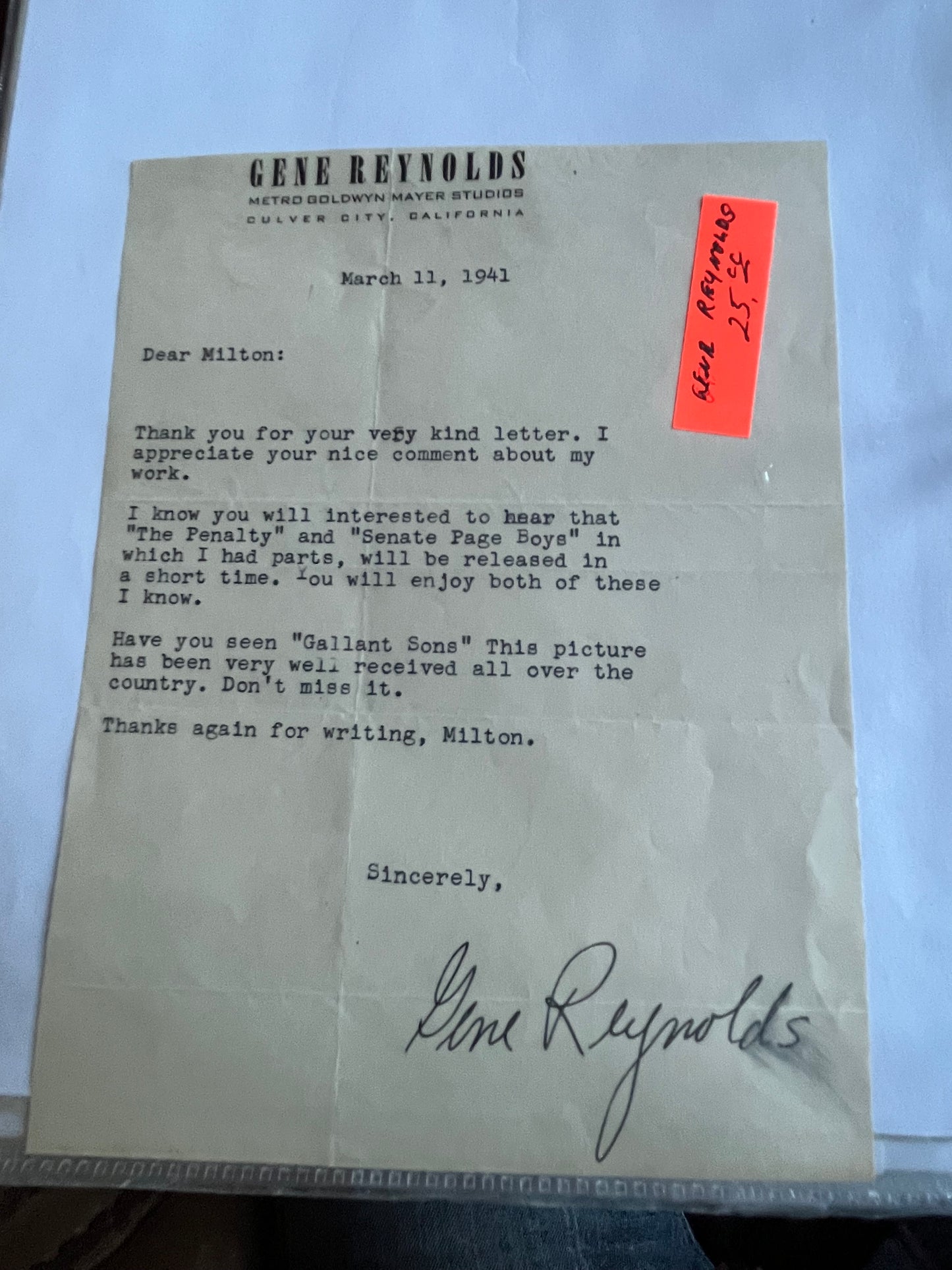 GENE REYNOLDS, actor, autograph