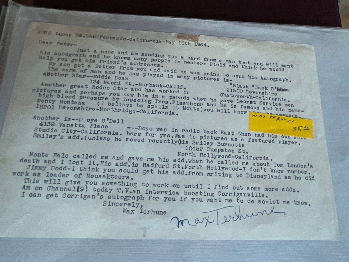 MAX TERHUNE, cowboy actor, autograph