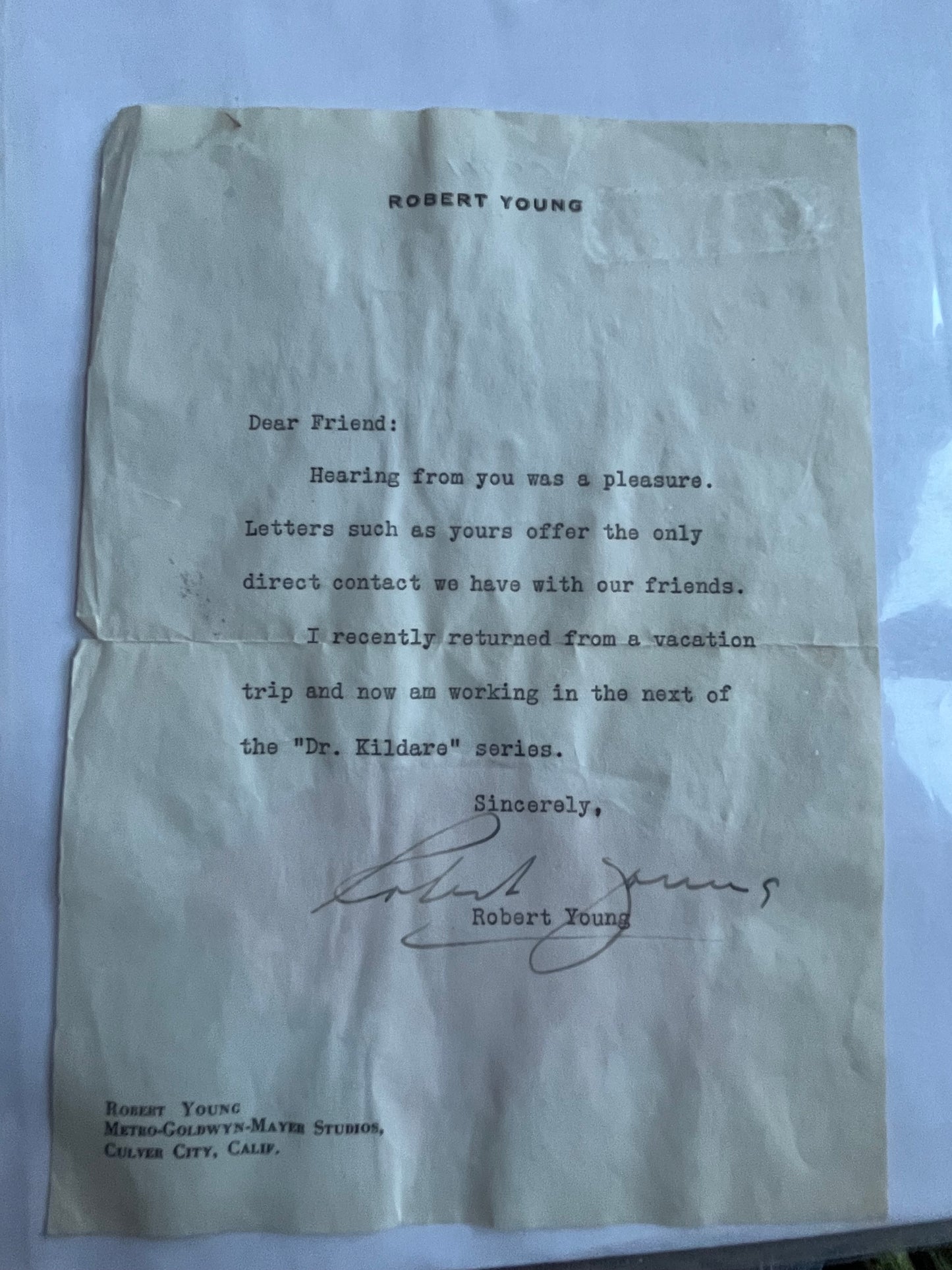 ROBERT YOUNG, actor, letter, autograph