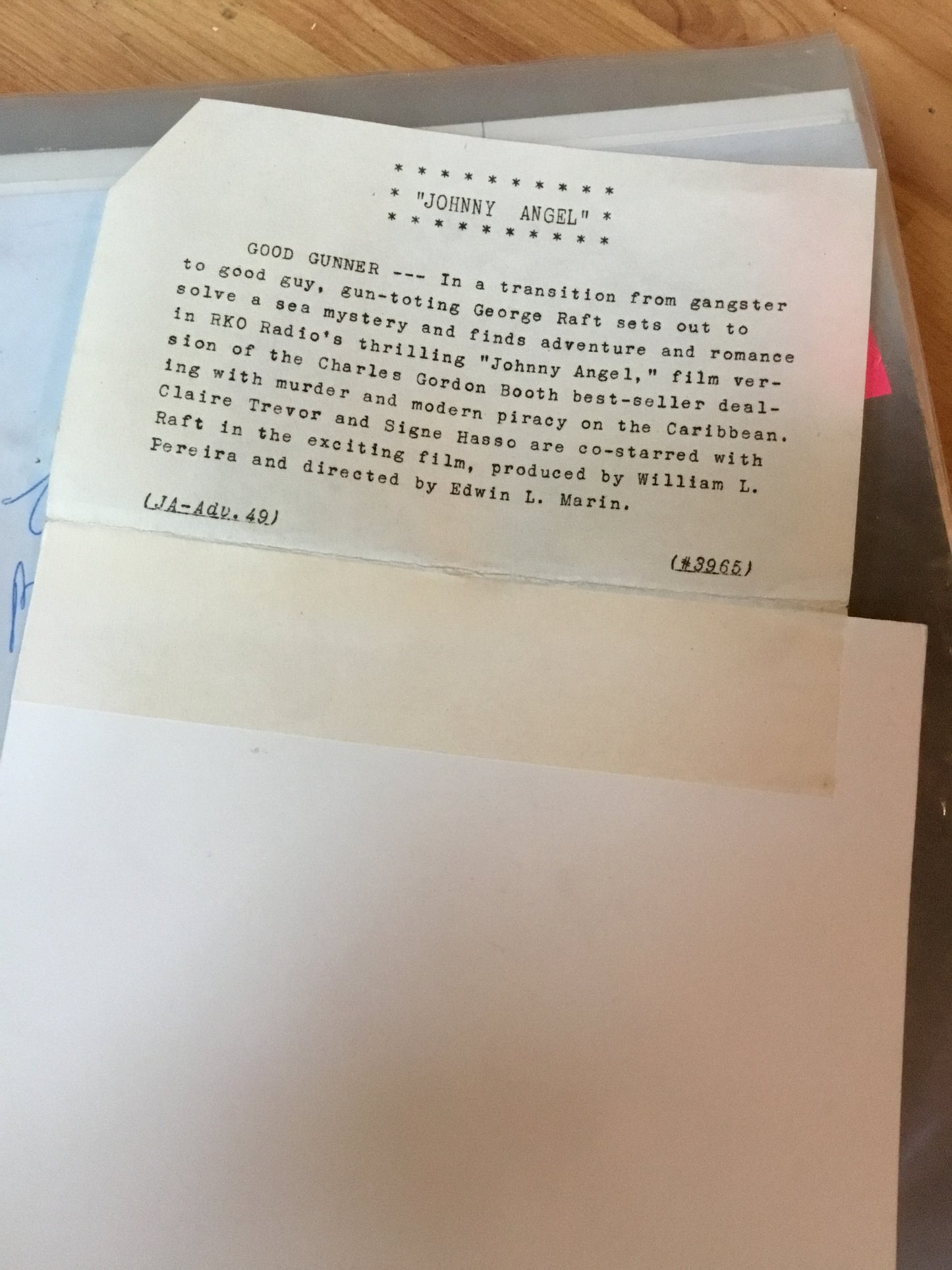 George Raft from JOHNNY ANGEL autograph