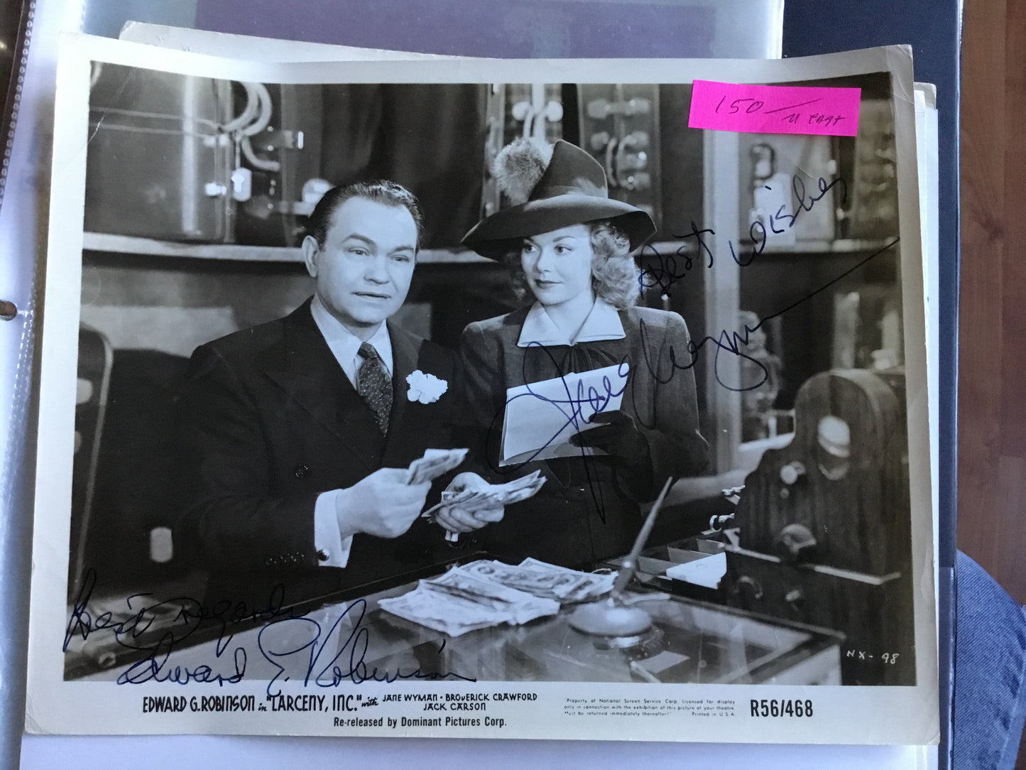 Edward G. Robinson and Jane Wyman, LARCENY, INC. autographs