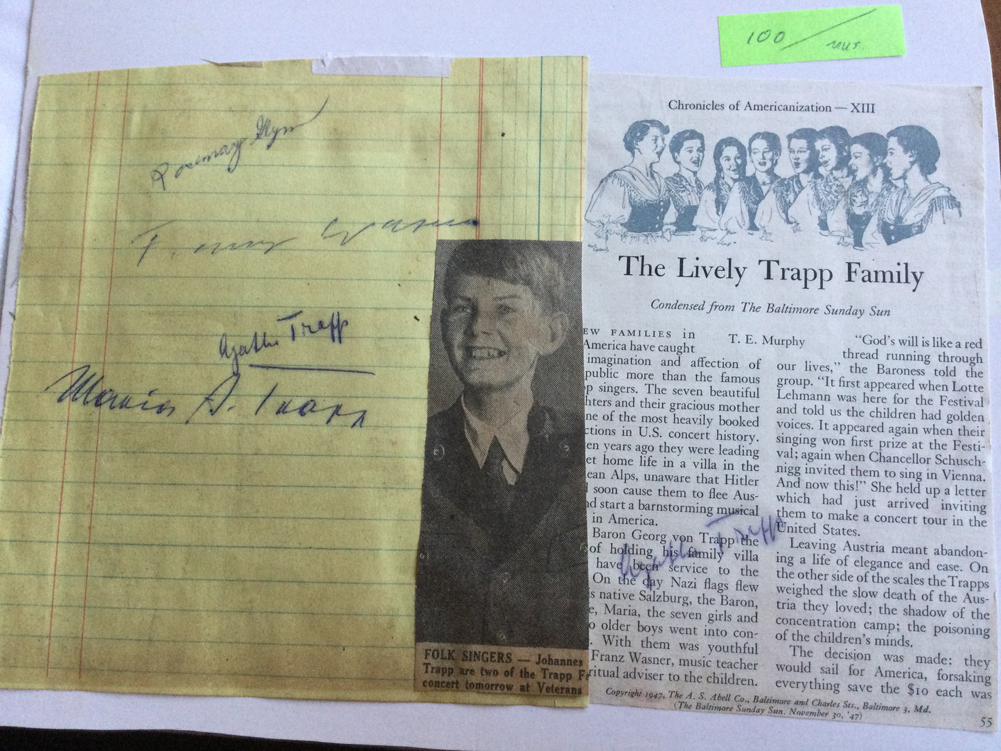 THE SOUND OF MUSIC, The Von Trapp Family, five autographs