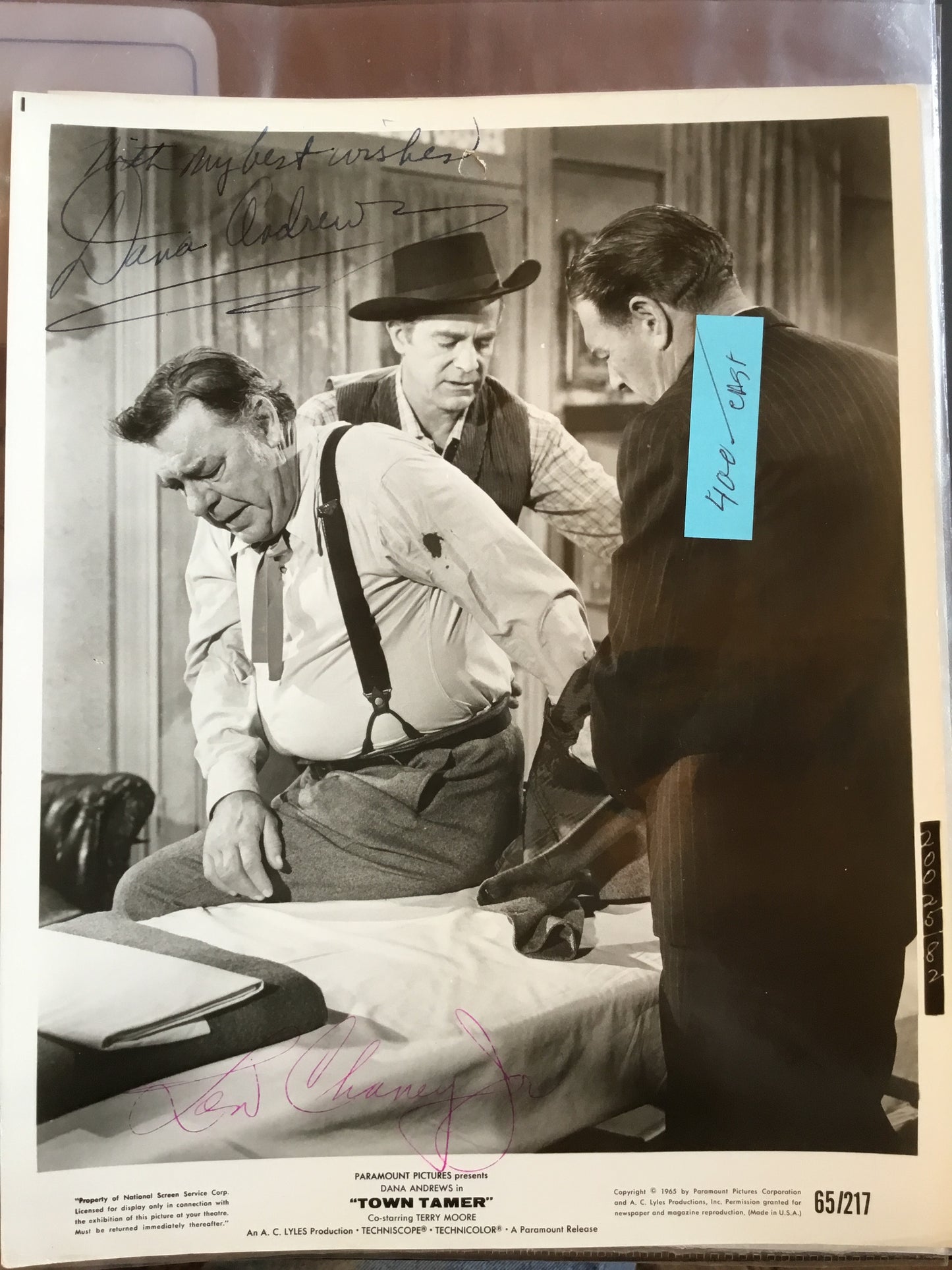 TOWN TAMER, Lon Chaney, Jr. and Dana Andrews, autograph
