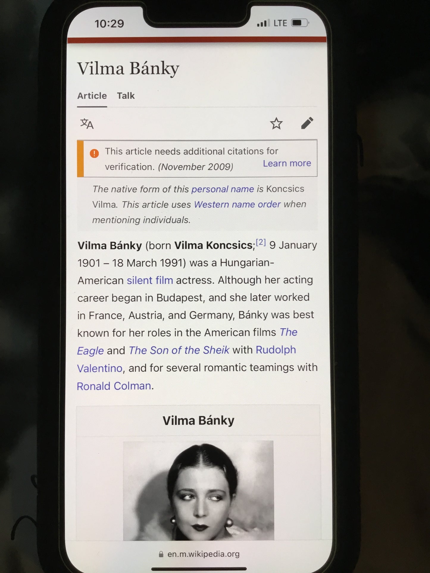 Vilma Banky SON OF THE SHEIK autograph