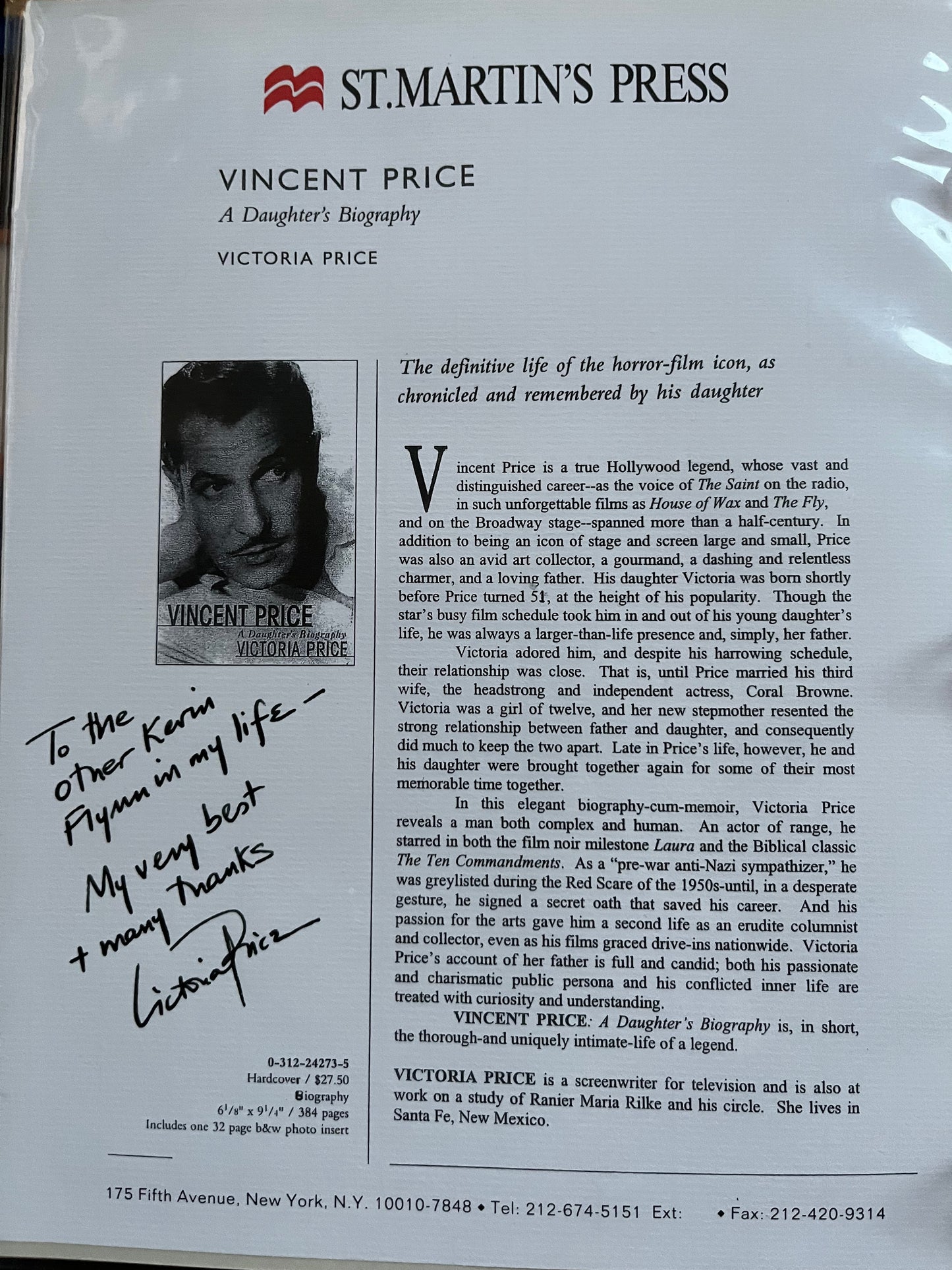 Victoria Price, daughter of Vincent Price, autograph