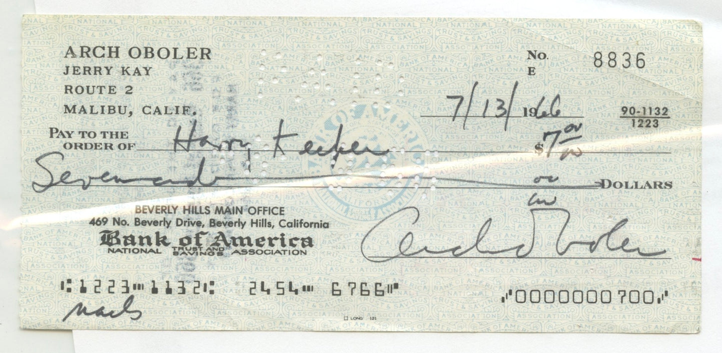 ARCH OBOLER cancelled check with signature (autograph)