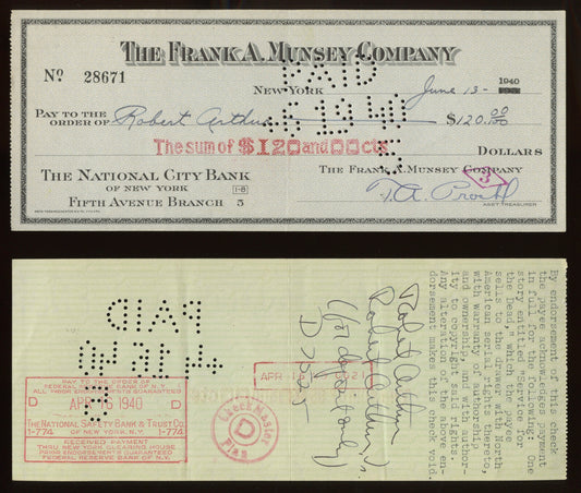 ROBERT ARTHUR of THE MYSTERIOUS TRAVELER (autographed checks)