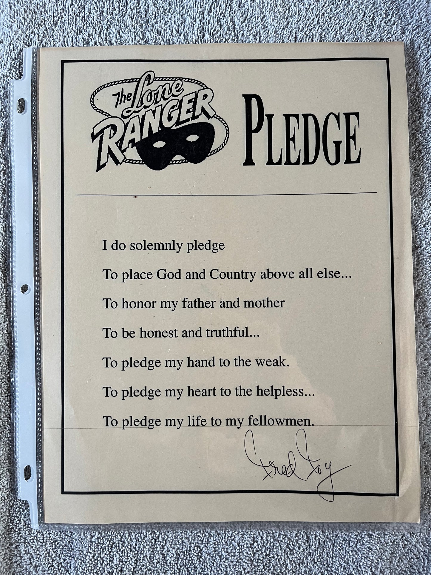 THE LONE RANGER Pledge, Autographed by Fred Foy