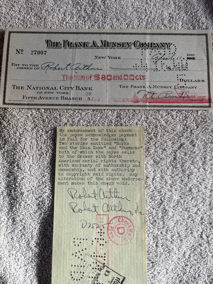 ROBERT ARTHUR of THE MYSTERIOUS TRAVELER (autographed checks)