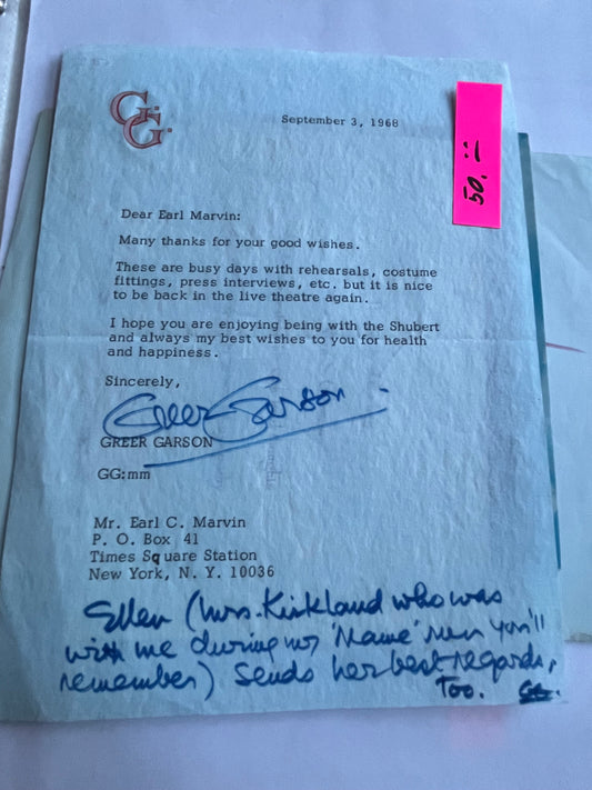 GREER GARSON, actress, signed letter, autograph