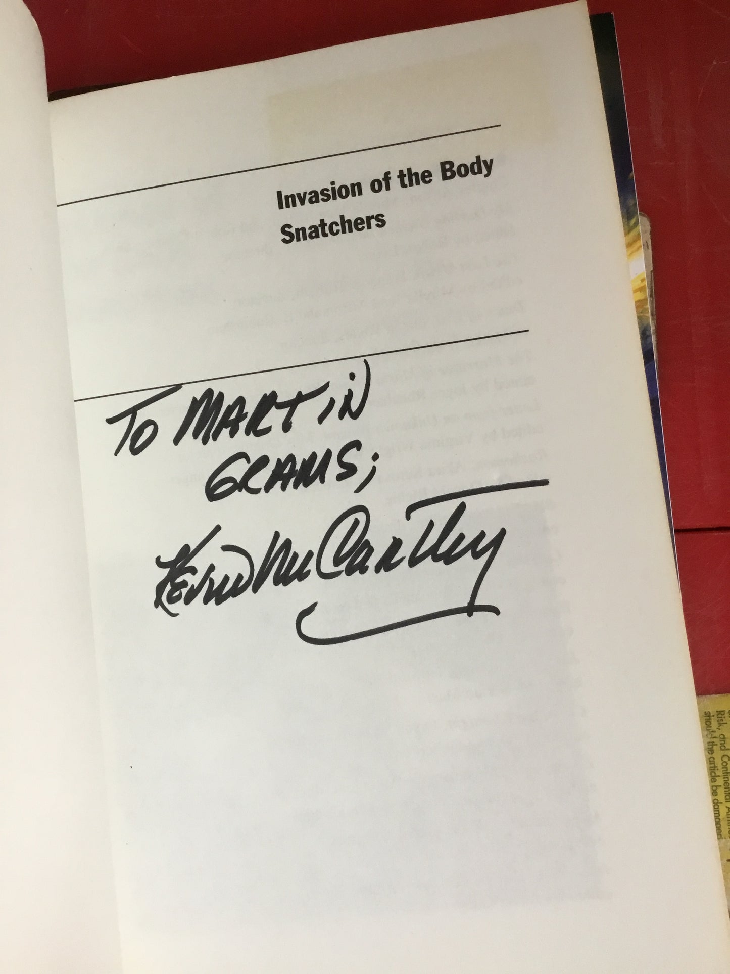 Kevin McCarthy from INVASION OF THE BODY SNATCHERS (signed book)